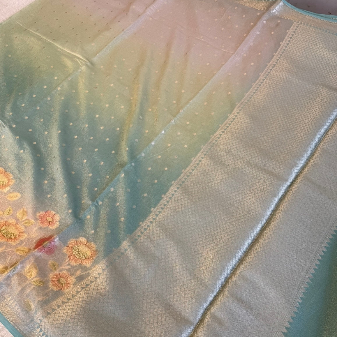 Sea Green Gradient Floral Soft Tissue Silk Saree