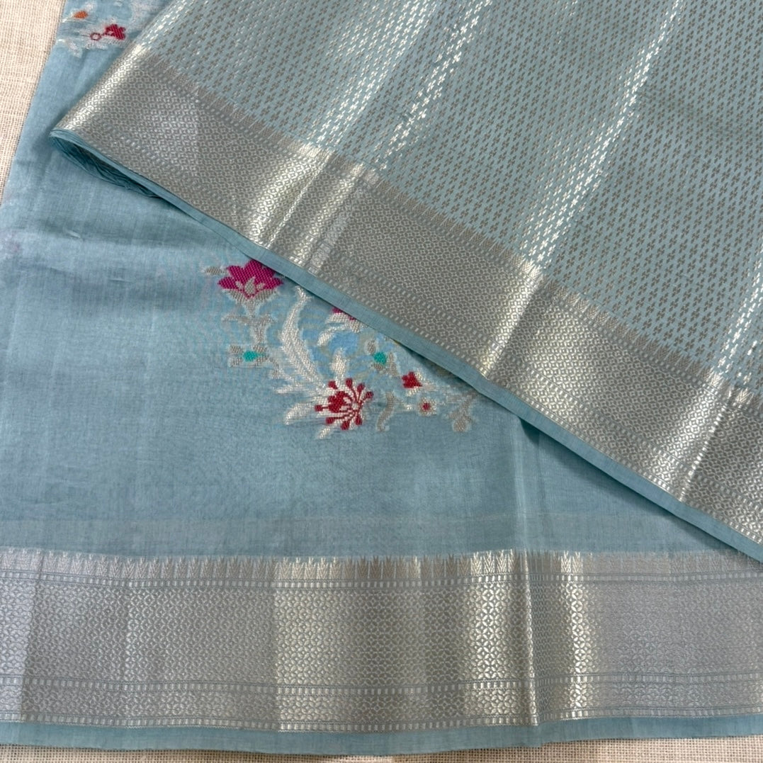 Misty Blue Floral Kora Silk Saree