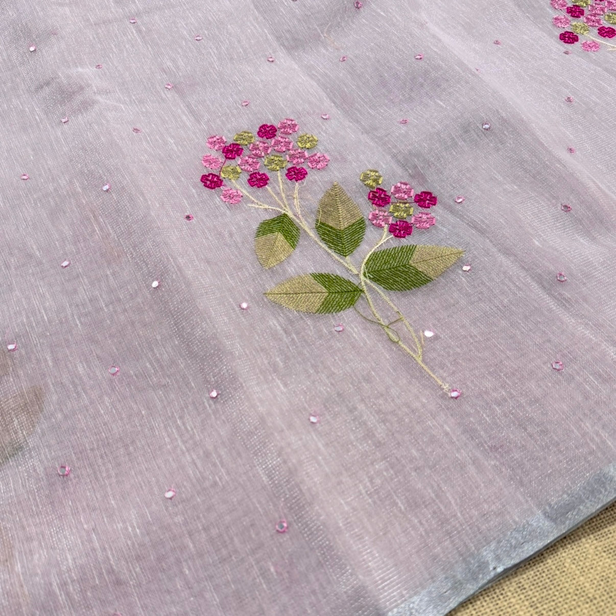 Pastel Pink Floral Embroidery Tissue Linen Saree