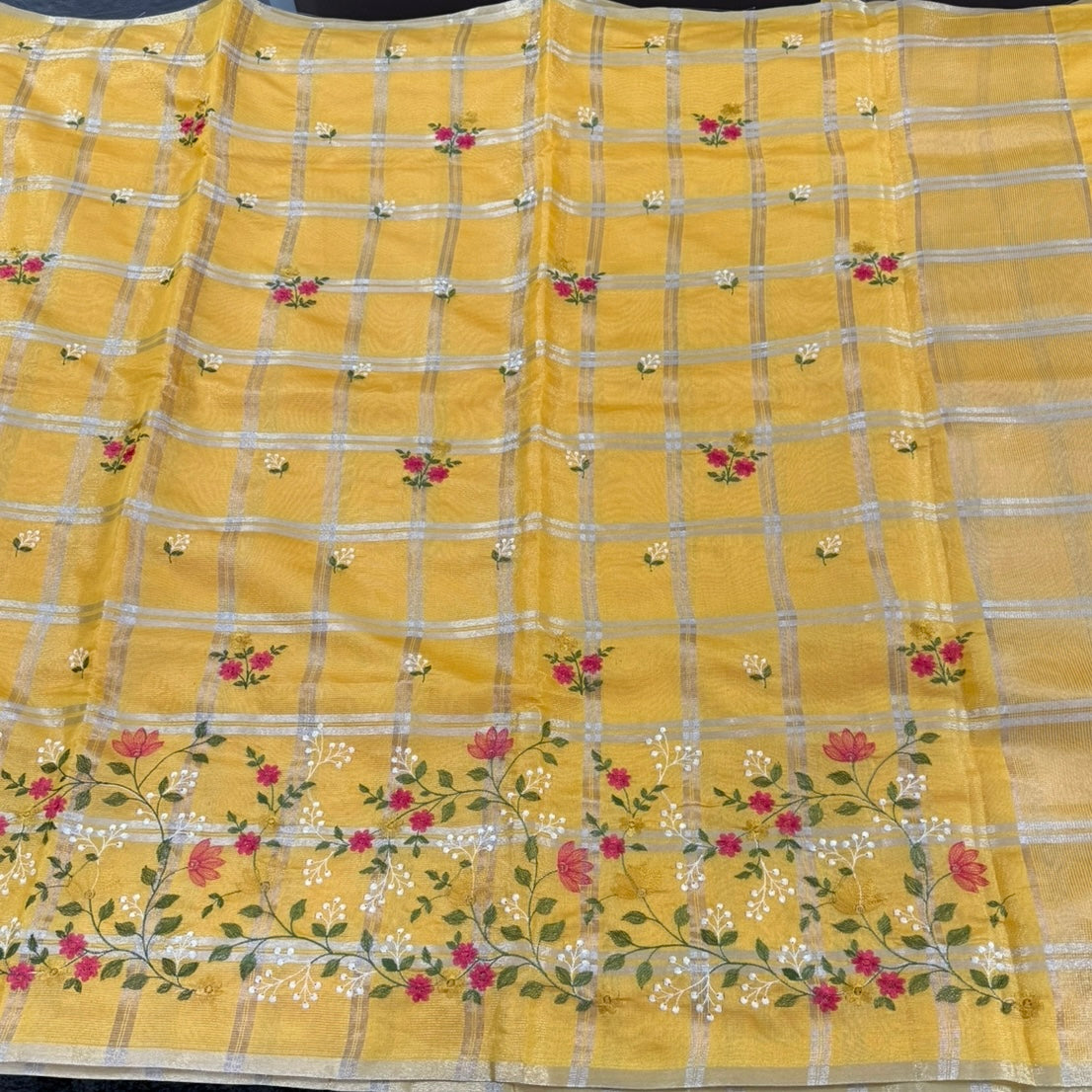 Mustard Chekcs Floral Embroidery Semi Tussar Saree