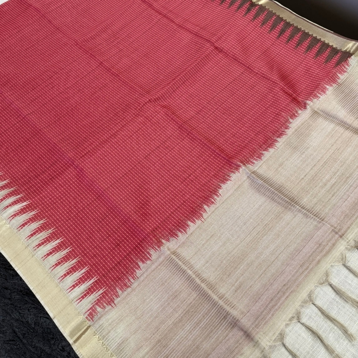 Red with Ivory Semi Tussar Saree