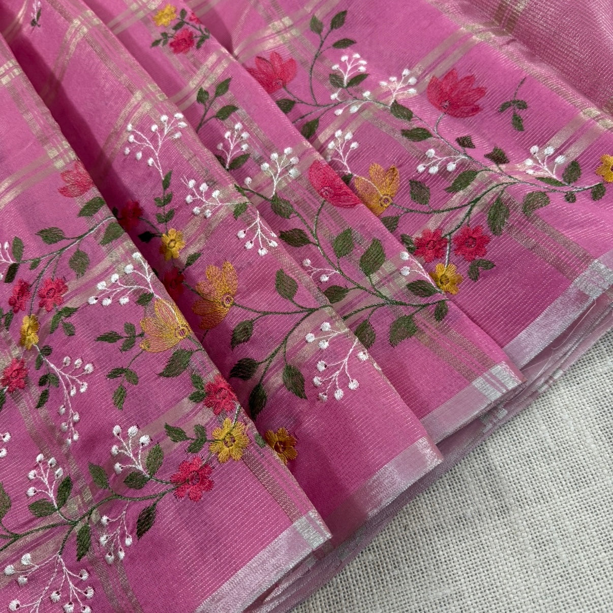 Pink Chekcs Floral Embroidery Semi Tussar Saree