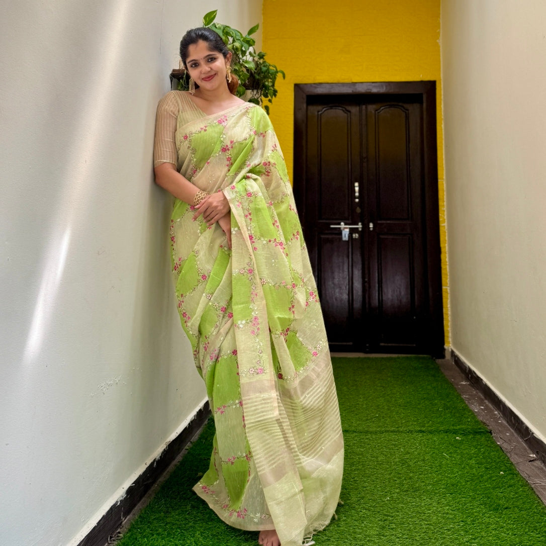 Green Floral Embroidery Tissue Linen Saree
