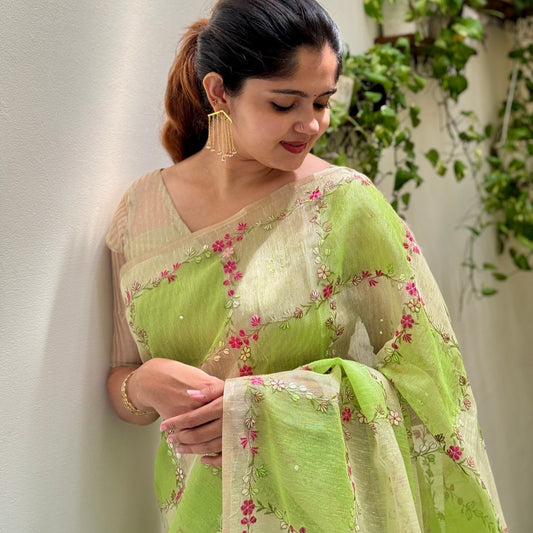 Green Floral Embroidery Tissue Linen Saree