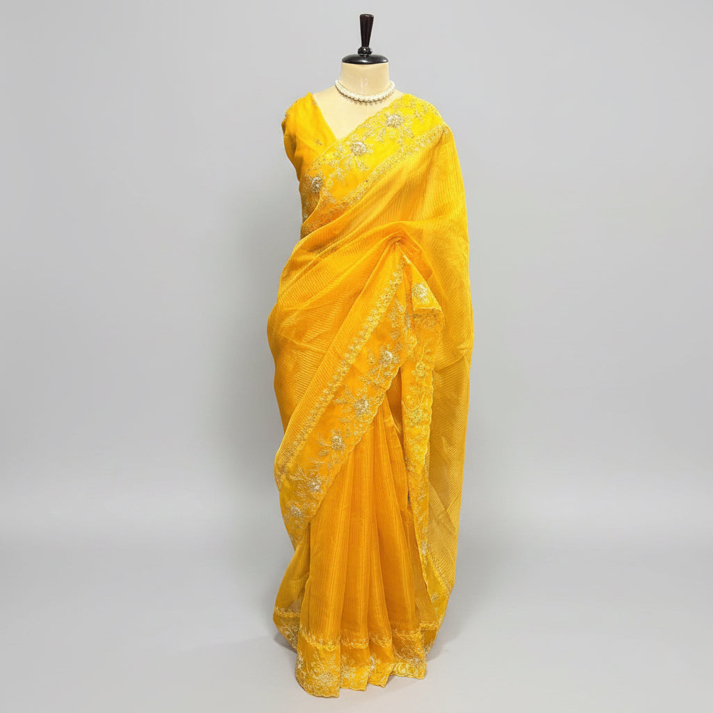 Yellow Pure Tissue with Hand Aari Embroidery Silk Saree