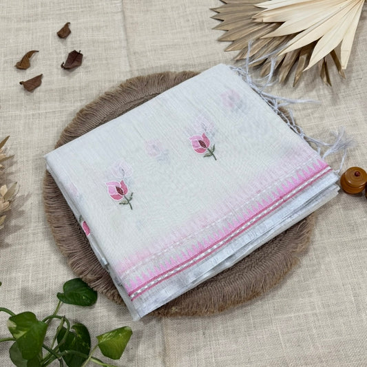 Off white Pink Floral Tissue Embroidery Silver Fancy Tussar Saree