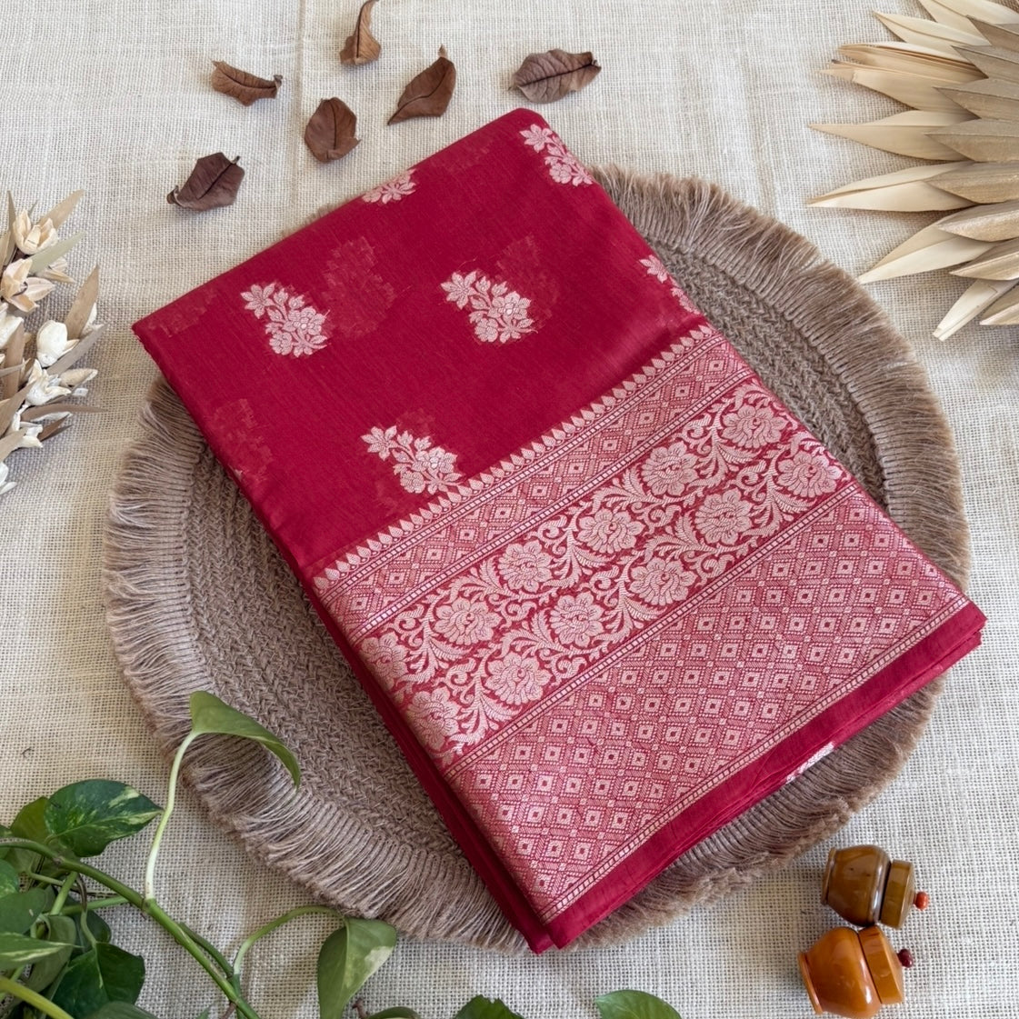 Ruby Red Pure Chiniya Silk Saree