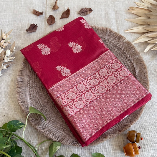 Ruby Red Pure Chiniya Silk Saree