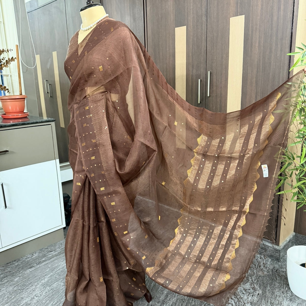 Mocha Brown Pure Kora Muslin Silk Saree