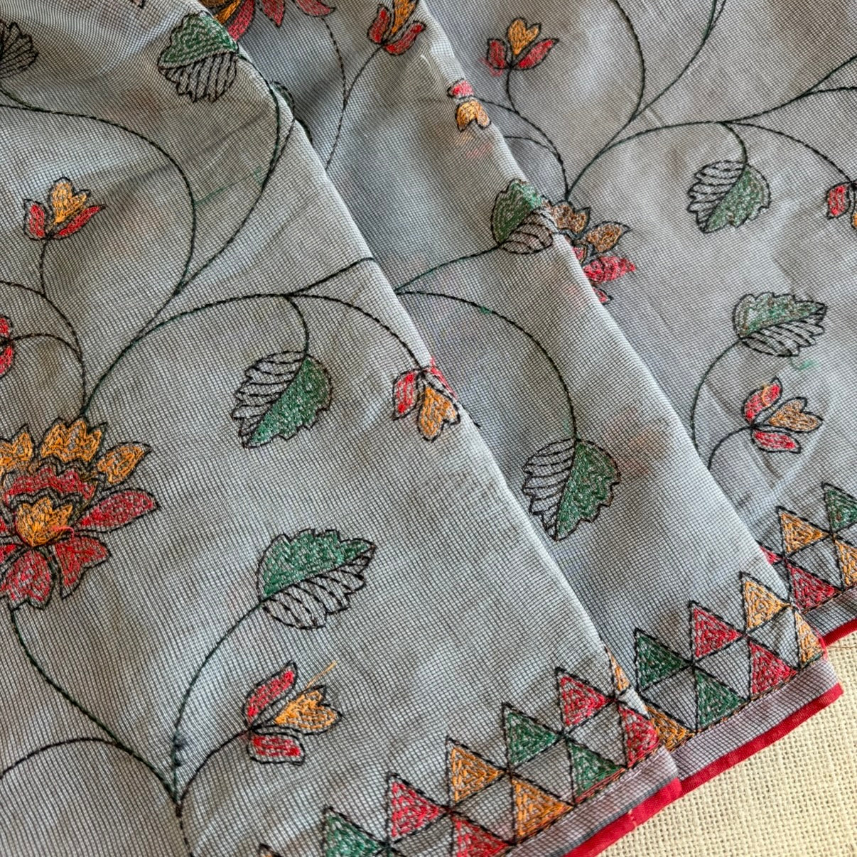 Grey Kota Floral Embroidery Saree