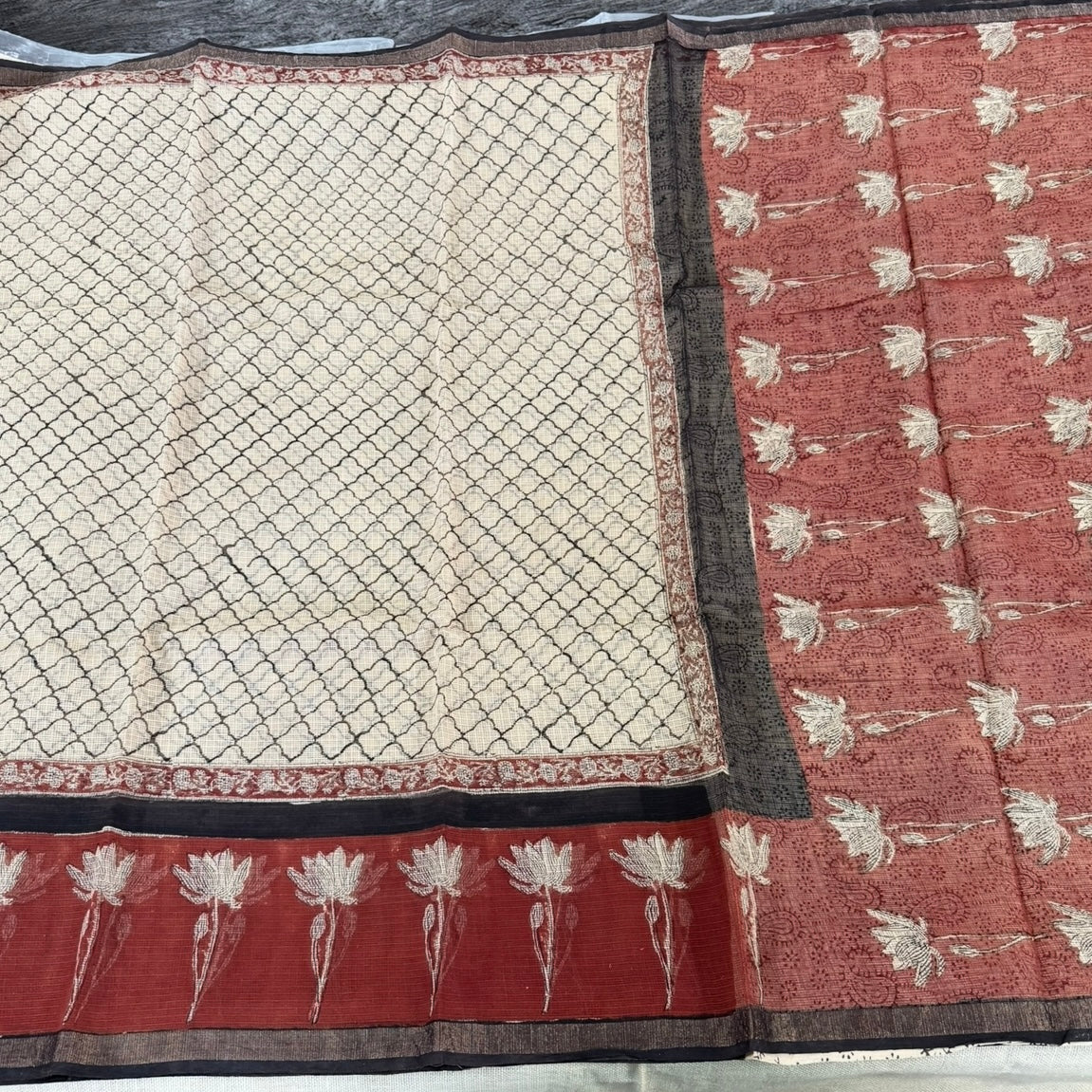 Beige Maroon Floral Pure Kota Doriya Saree