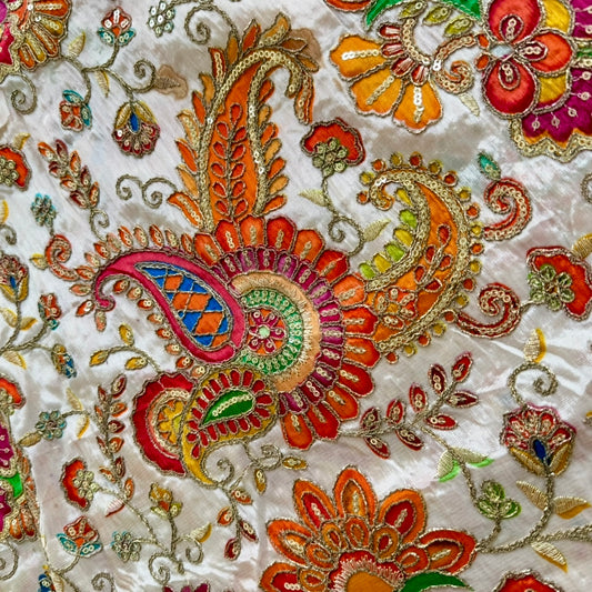 White Rich Paisley&Floral Embroidery Designer Crepe Blouse Fabric