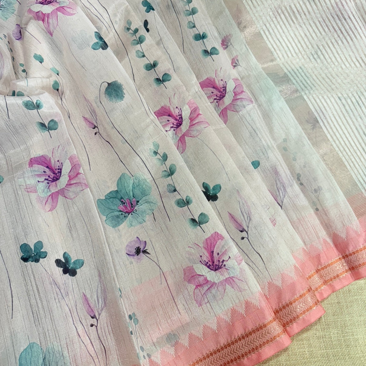 Peach-pink floral print on ivory tissue linen saree for church and Christmas