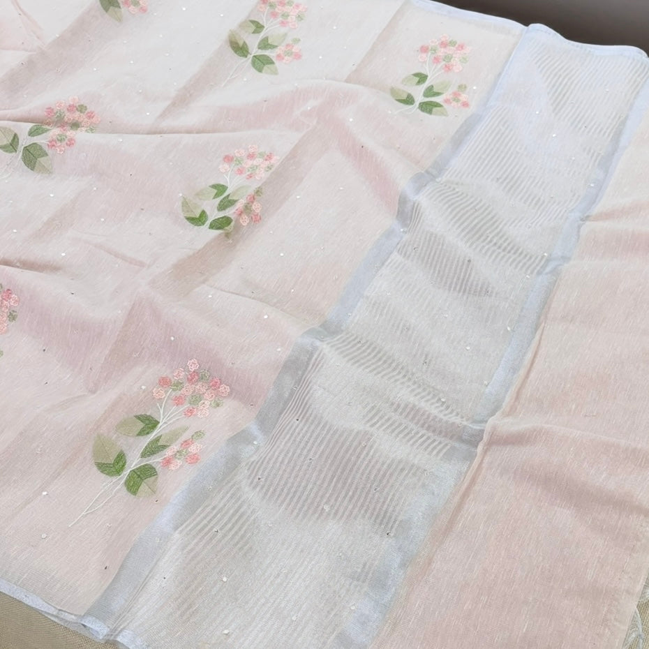 Pastel Peach Floral Embroidery Tissue Linen Saree