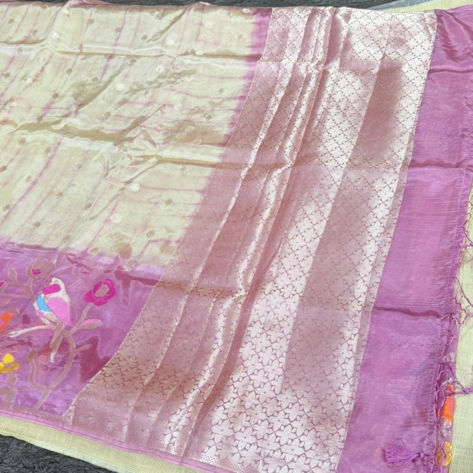 Onion Pink Off White Floral Paper Silk Saree