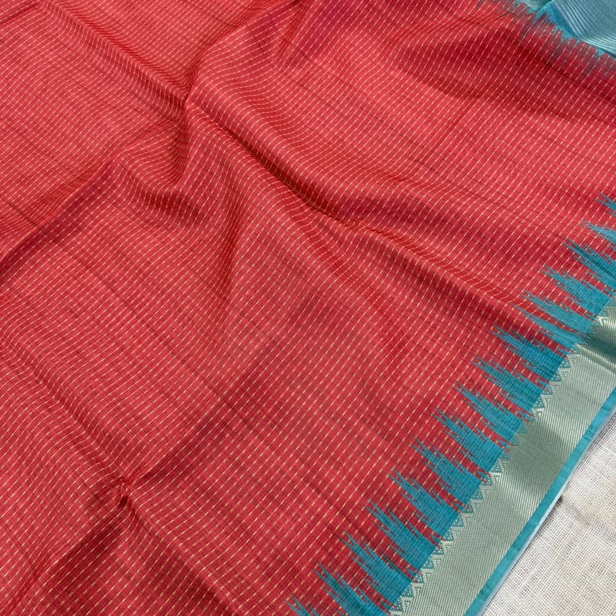 Coral Red with Aqua Blue Semi Tussar Saree