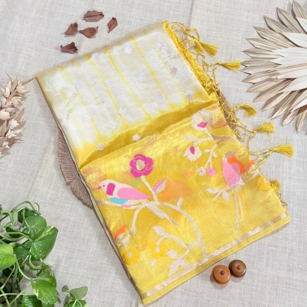 Yellow Off White Floral Paper Silk Saree