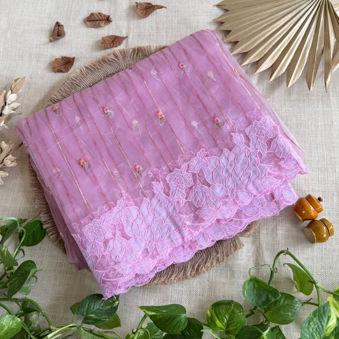 Lilac lavender organza floral appliqué embroidery saree