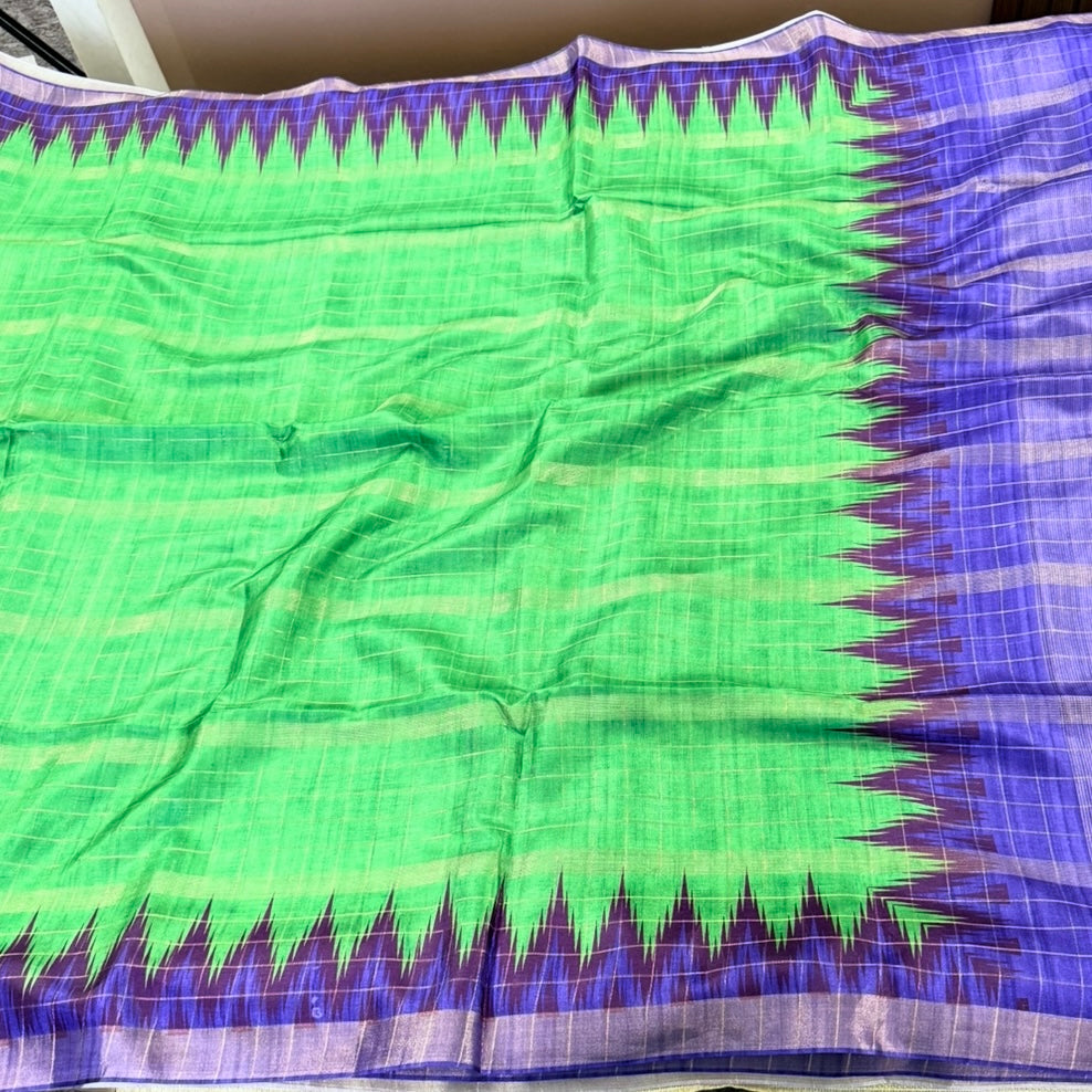 Parrot Green with Violet Purple Semi Tussar Saree