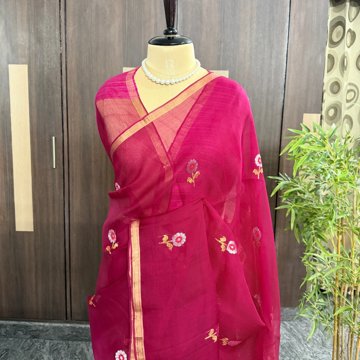 Rani pink Kora muslin Banarasi silk saree with gold and silver zari buttas – full view