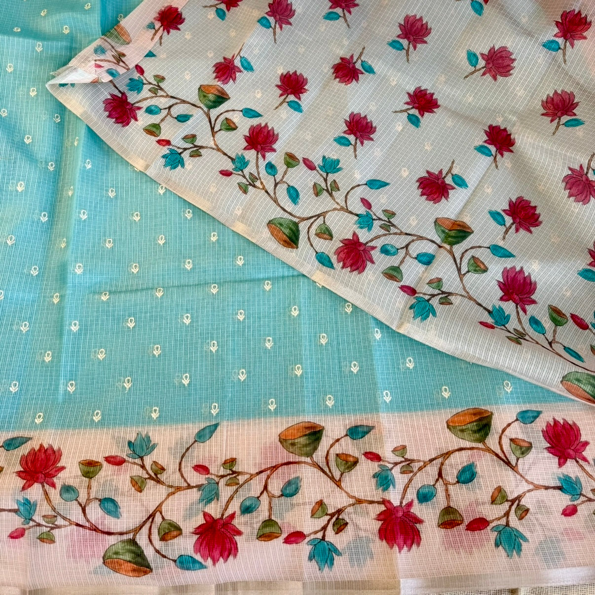 Sky Blue Floral Embroidery Fancy Saree