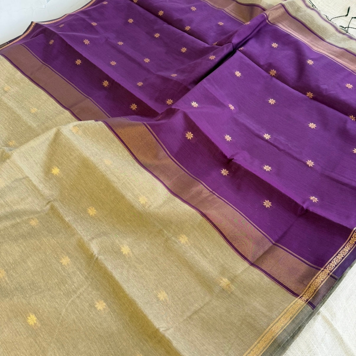 Beige with Purple Maheshwari Pure Cotton Saree