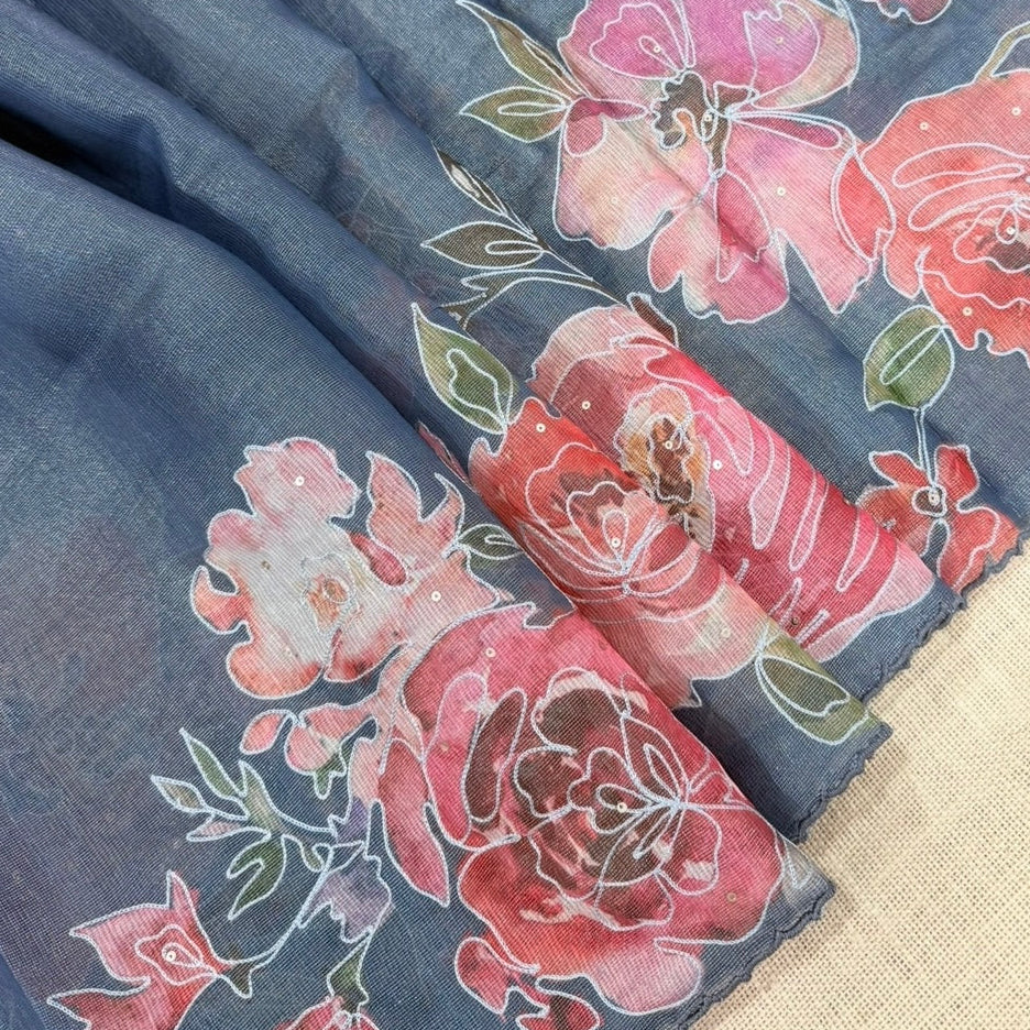 Grey Floral Semi Tussar Saree