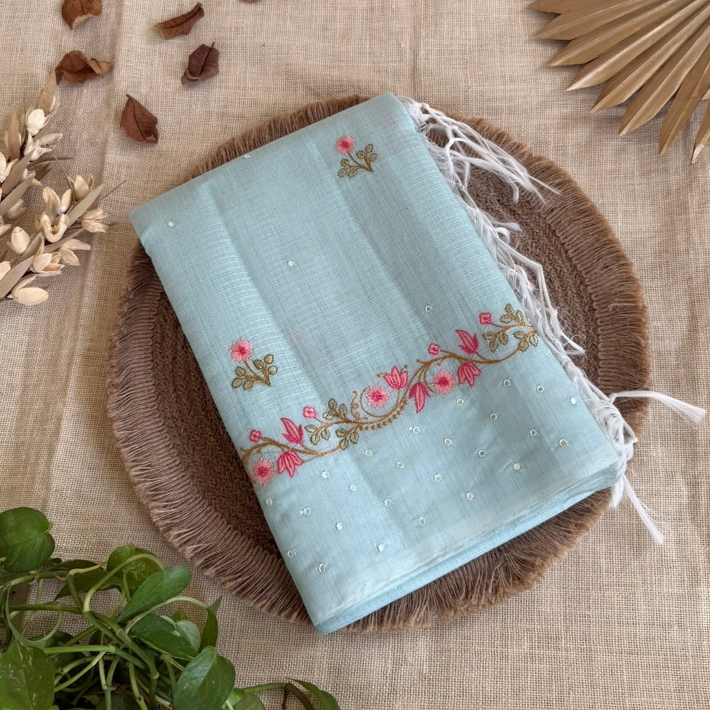 Baby Blue Pink Floral Embroidery Linen Mirror Saree