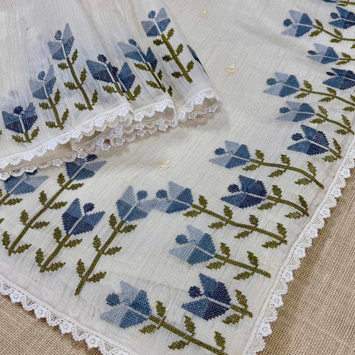 White n Indigo Floral Cross Stitch Embroidery Linen Saree