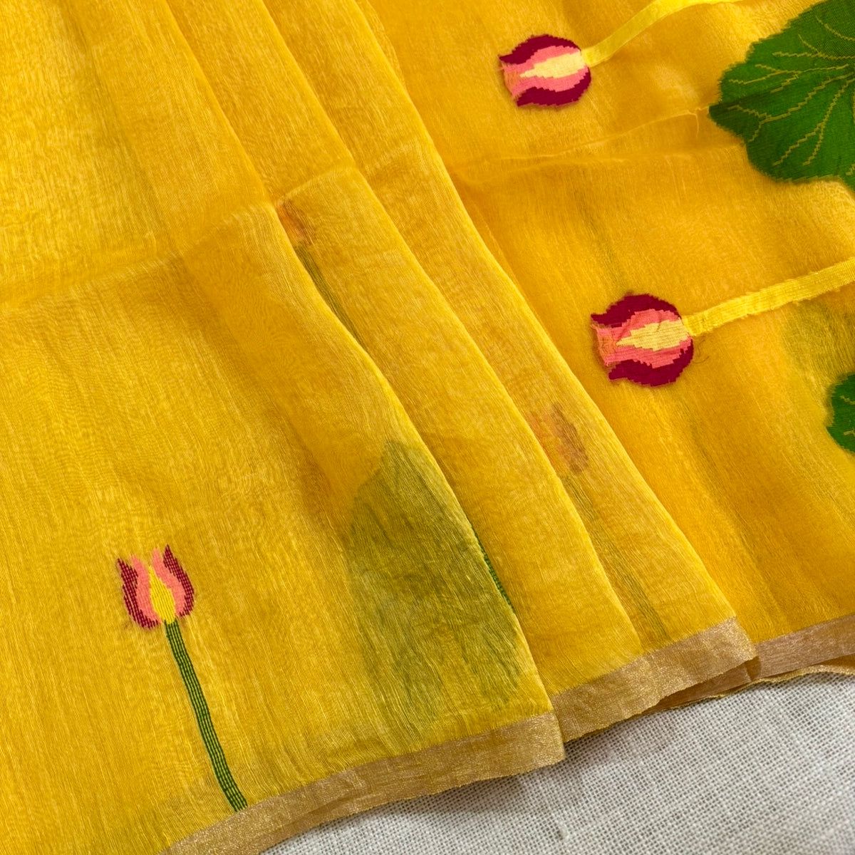 Yellow Tussar Linen Lotus Jamdhani Silk Saree