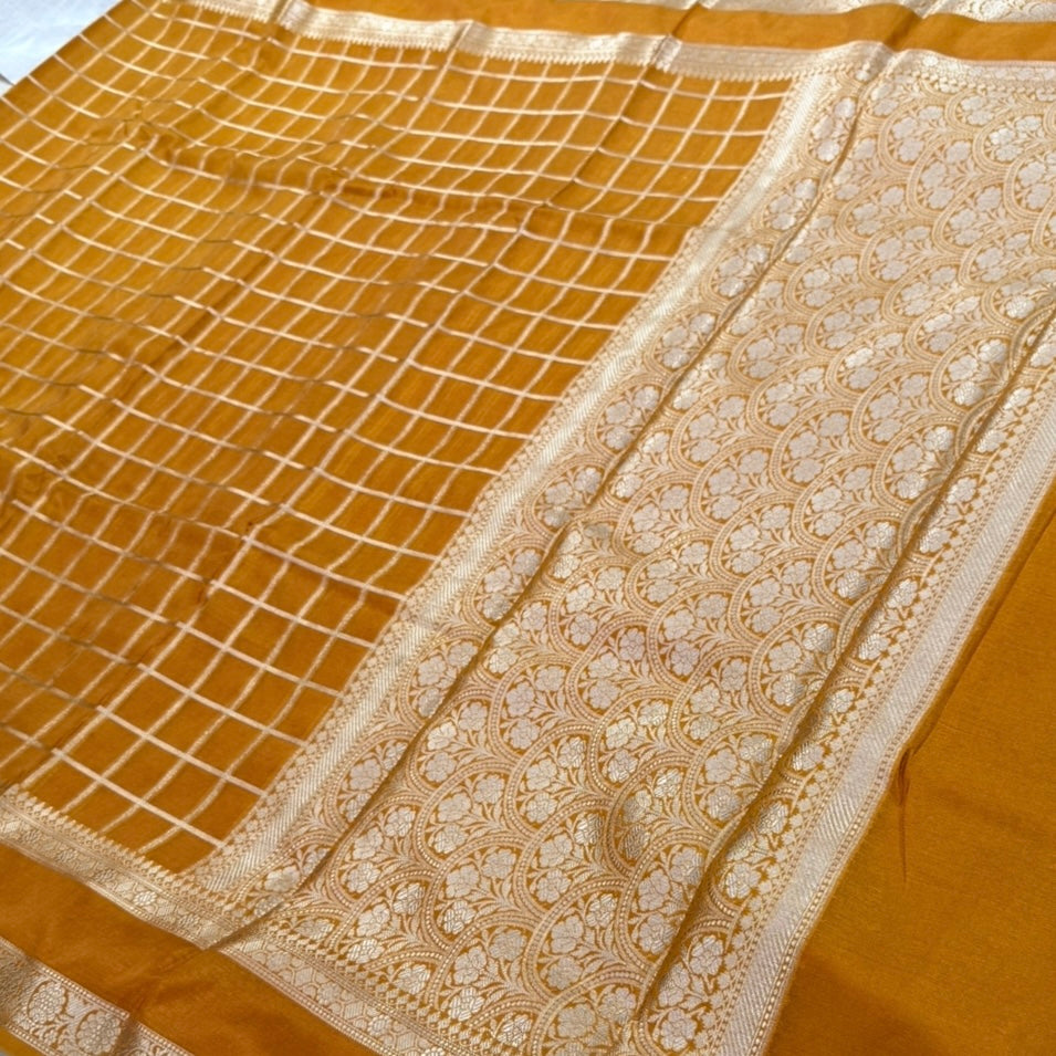 Mustard Checked Raw Silk Saree