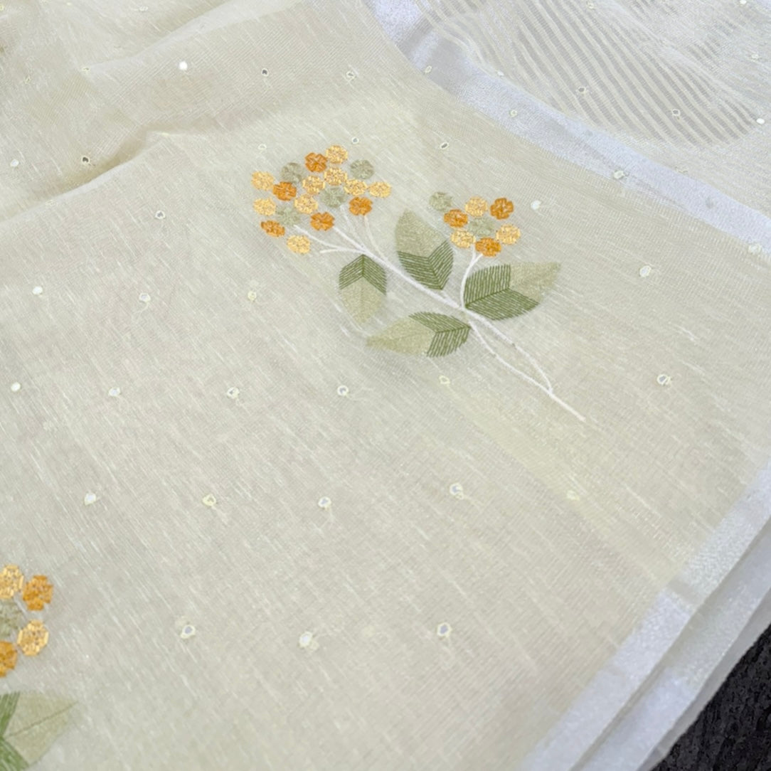 Pastel Yellow Floral Embroidery Tissue Linen Saree