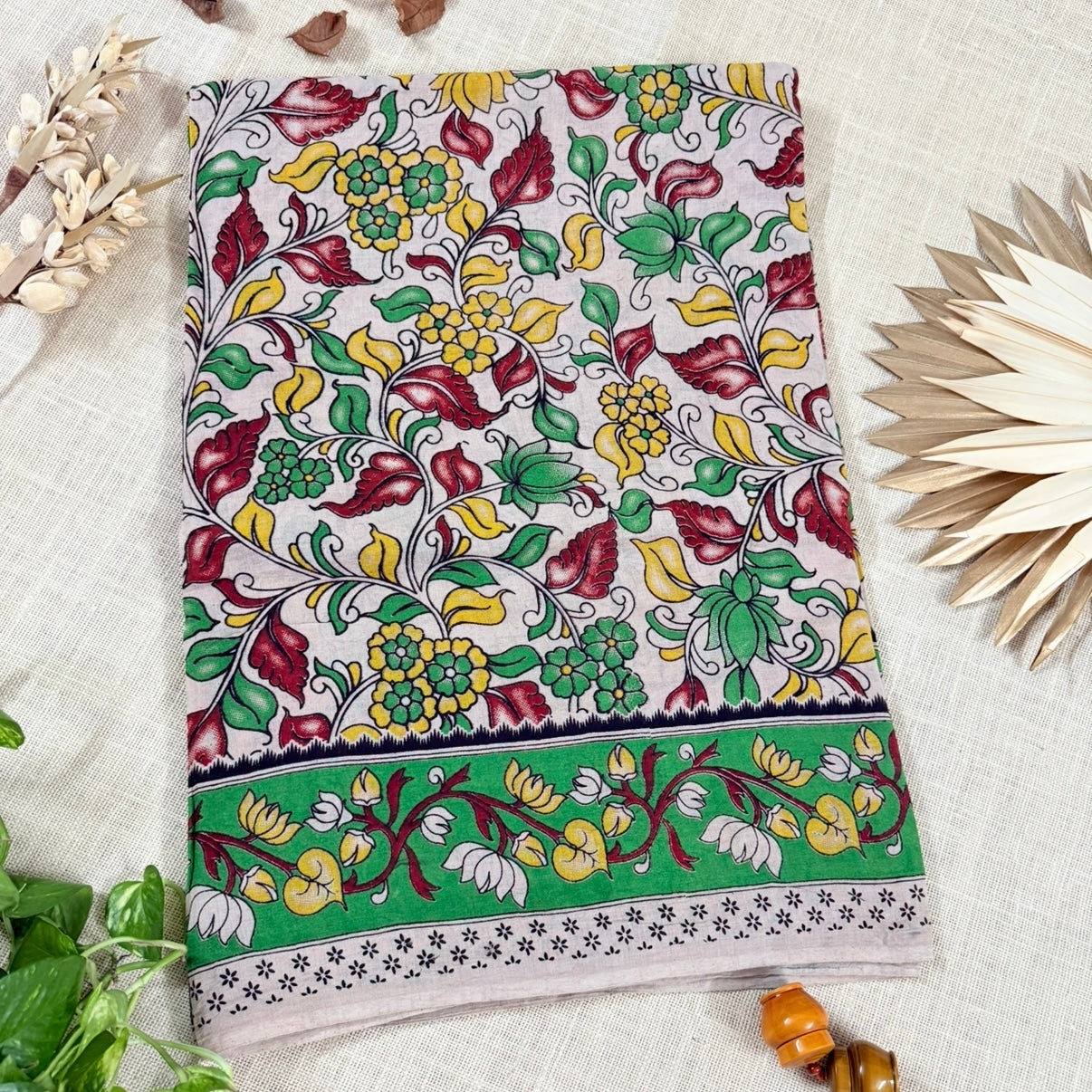 Beige Green Floral Kalamkari Cotton Saree