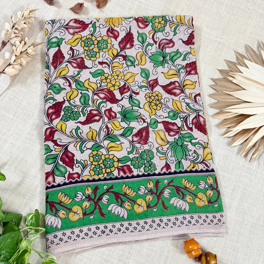 Beige Green Floral Kalamkari Cotton Saree