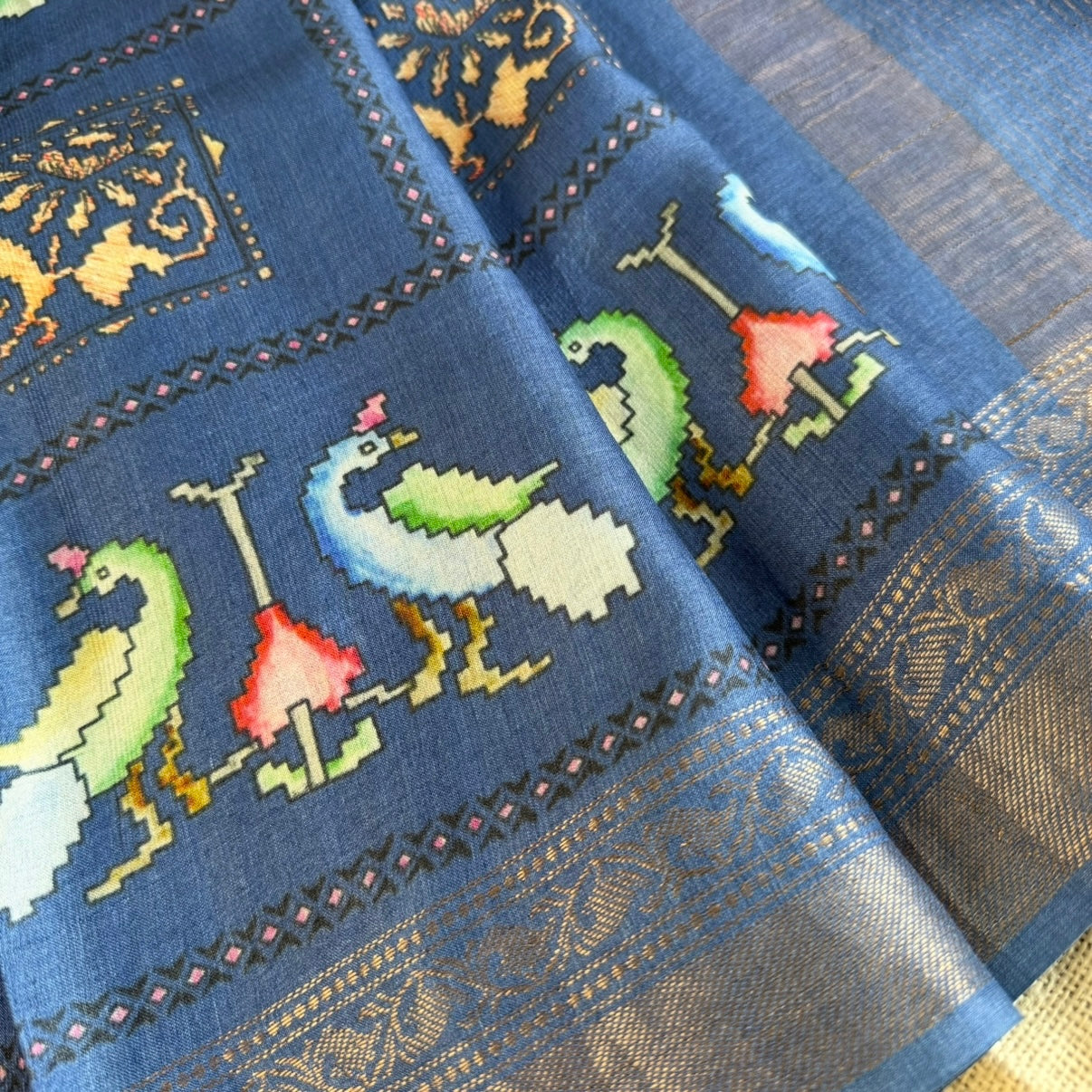 Dark Blue Digital Printed Pure Tussar Silk