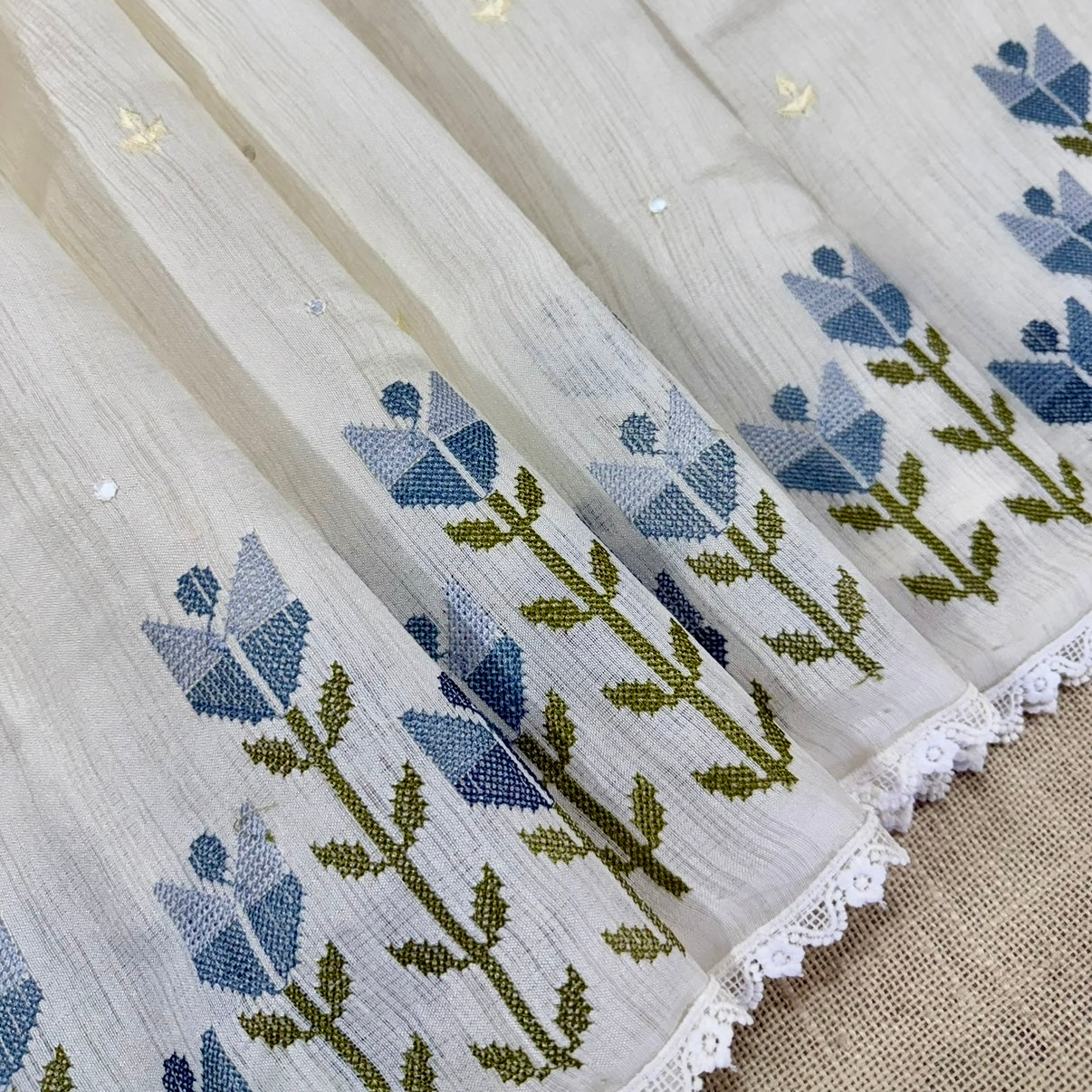 White n Indigo Floral Cross Stitch Embroidery Linen Saree