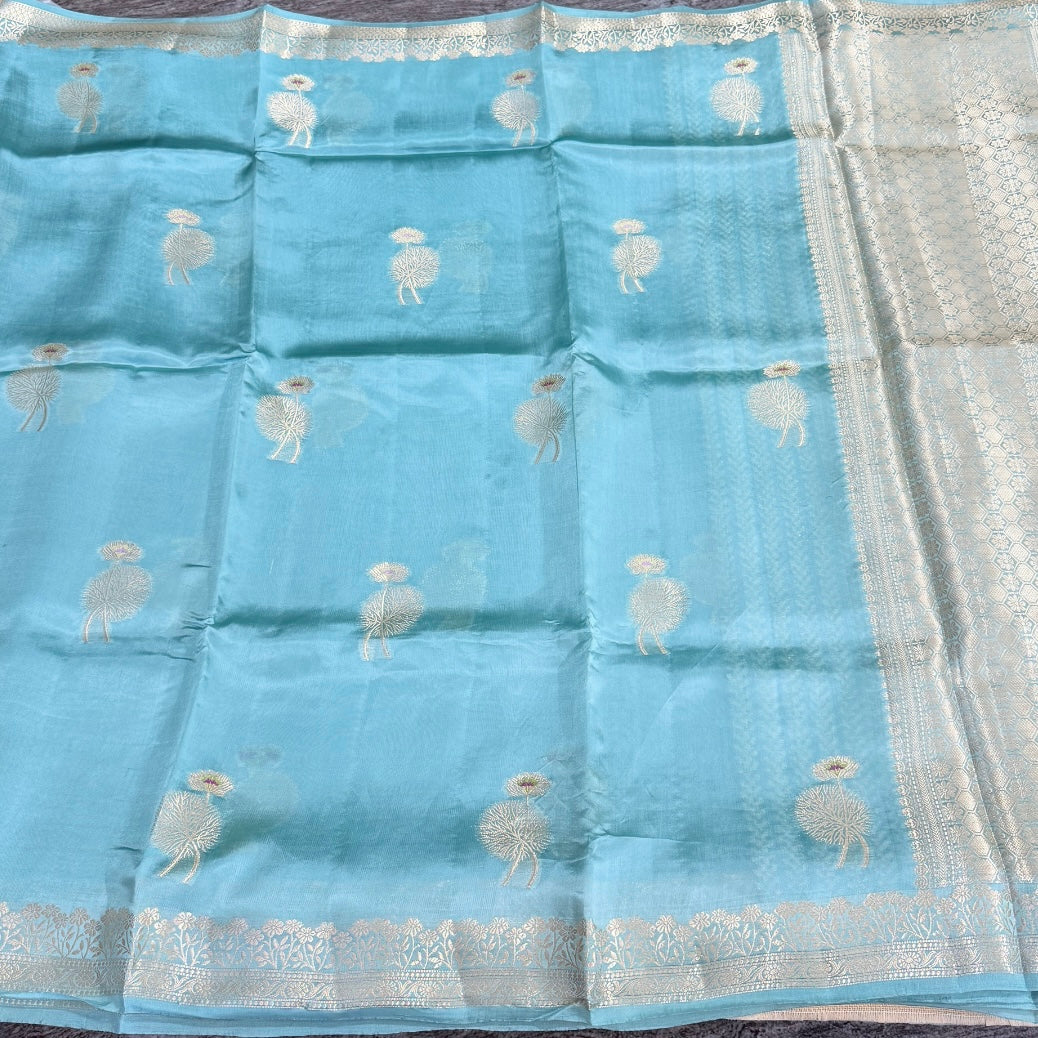 Pastel Blue Lotus Kora Silk Saree - Vini’s Ethnic