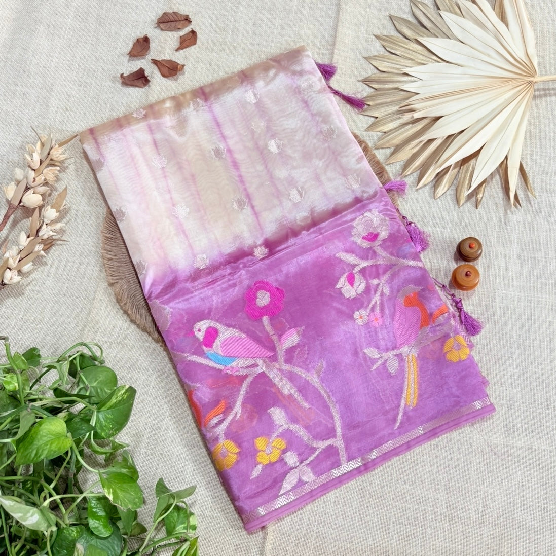 Onion Pink Off White Floral Paper Silk Saree