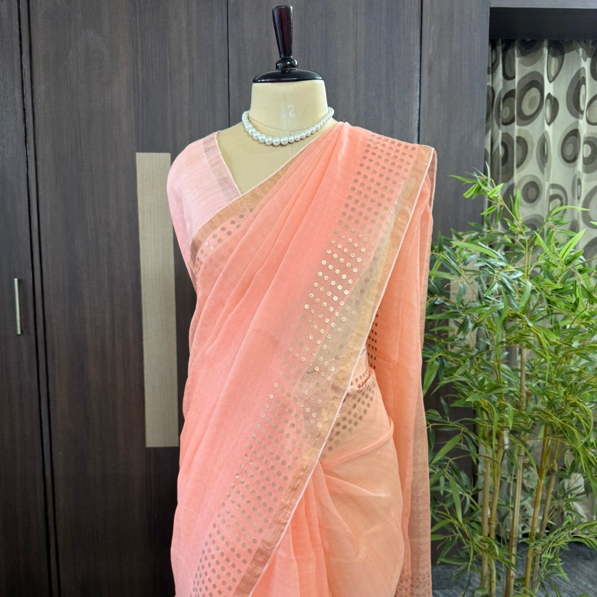 Peach Kora Muslin Sequin Silk Saree