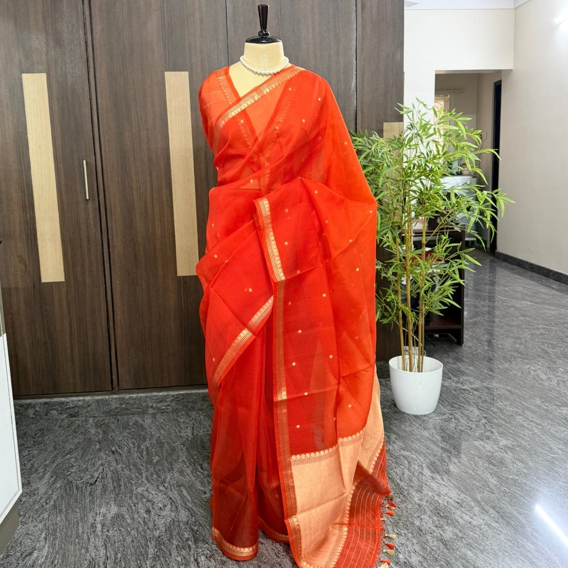 Vibrant Orange Pure Kora Silk Saree