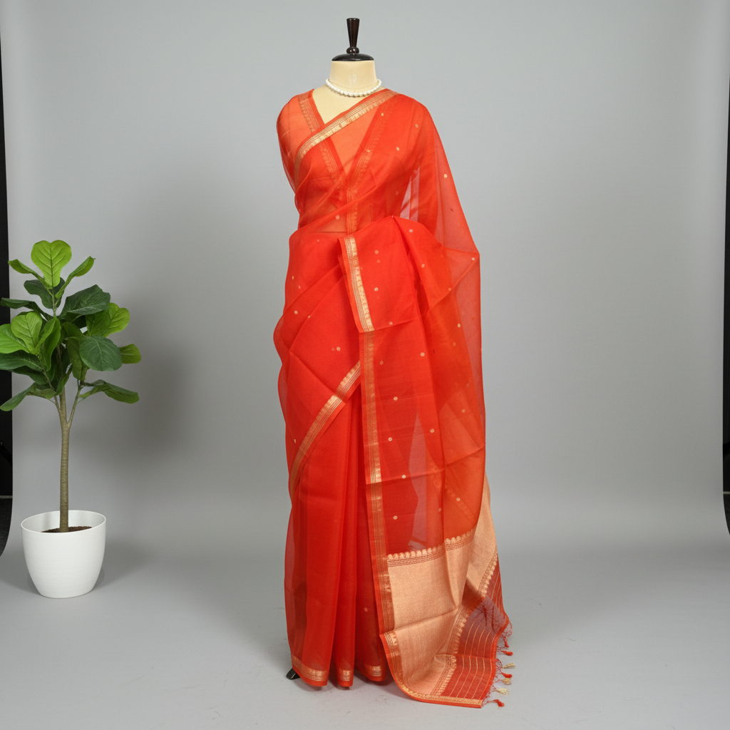 Vibrant Orange Pure Kora Silk Saree