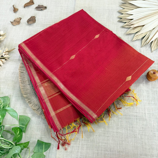 Red with Yellow Dual Shade Maheshwari Silk Cotton Saree 