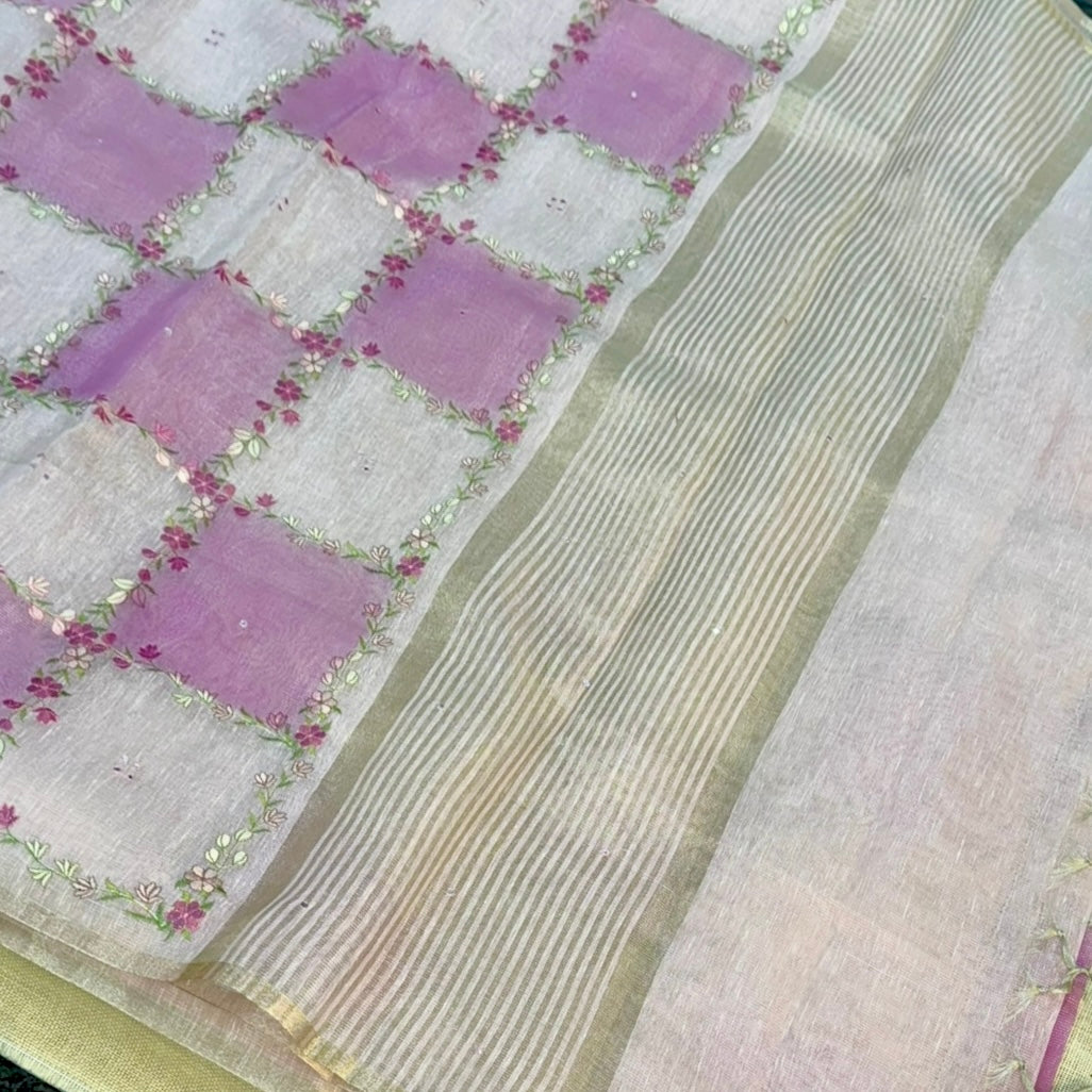 Pink Floral Embroidery Tissue Linen Saree
