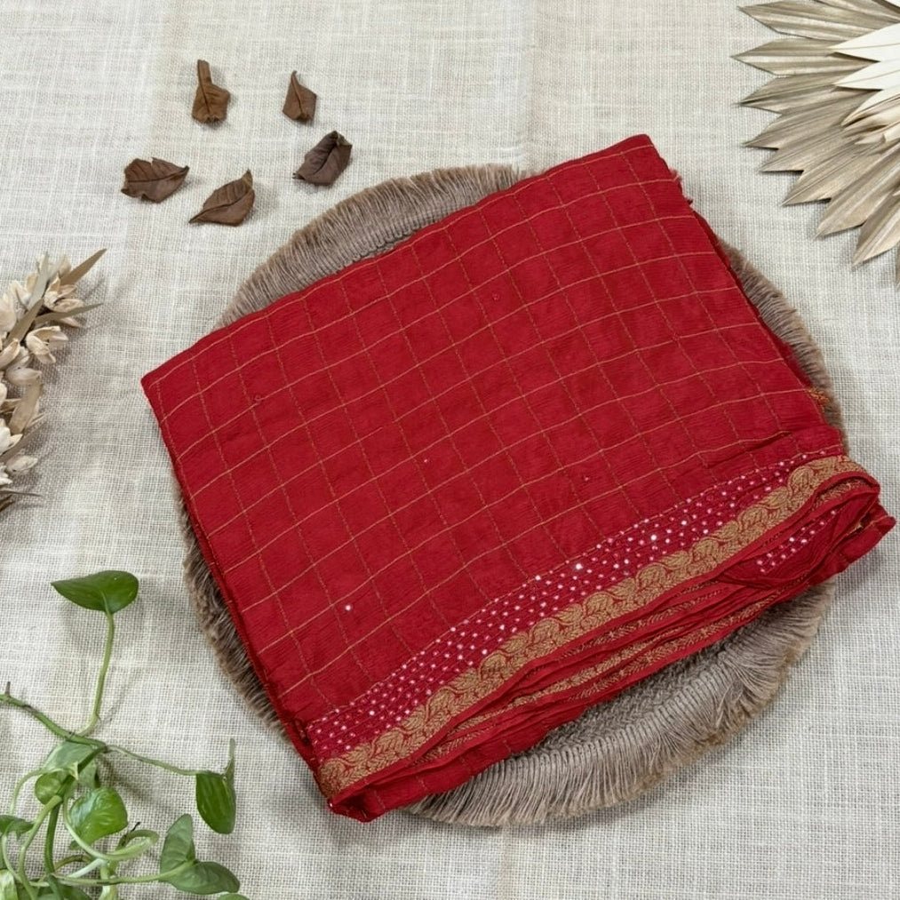 Red Zari Checks Mirror Chinnon Silk Saree 