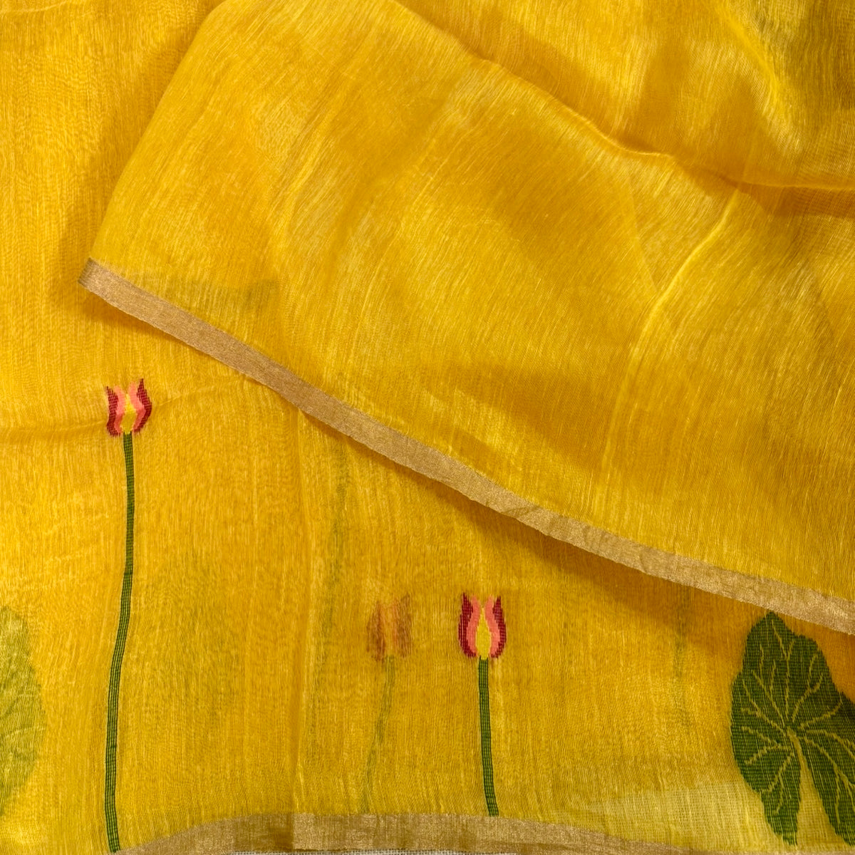 Yellow Tussar Linen Lotus Jamdhani Silk Saree