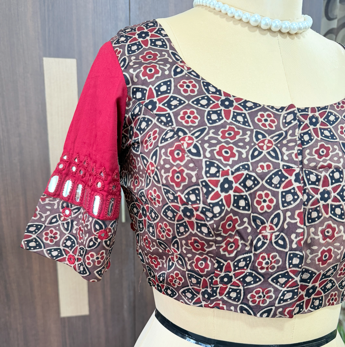 Earthy Beige with Maroon Ajrakh Modal Mirror Embroidery Blouse