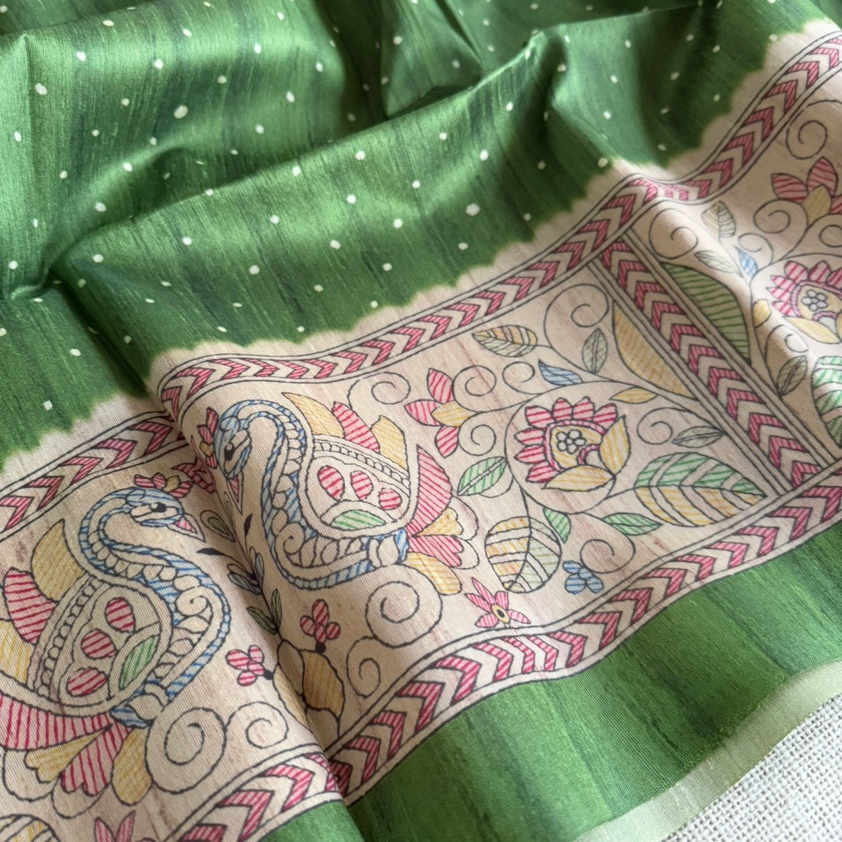 Mehandi Green Madhubani Semi Tussar Saree