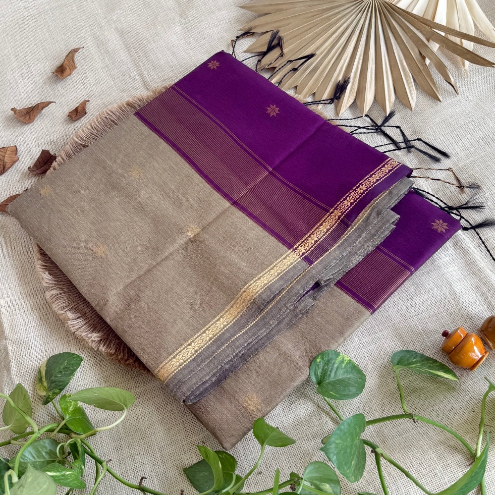Beige with Purple Maheshwari Pure Cotton Saree