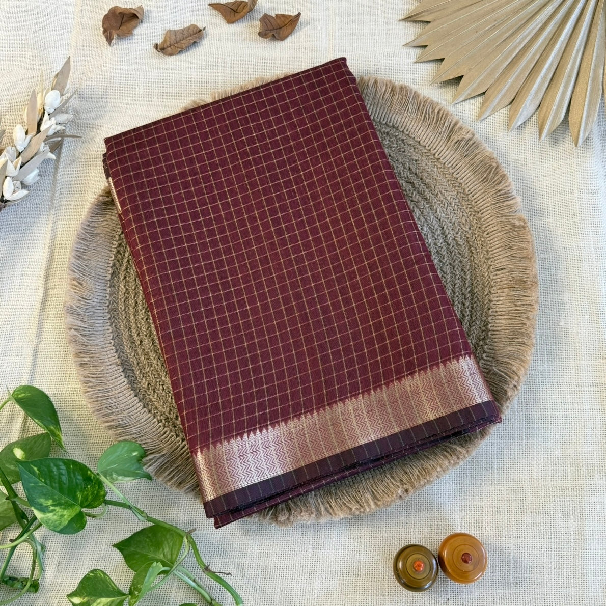 Maroon Zari Checked Semi Silk Saree