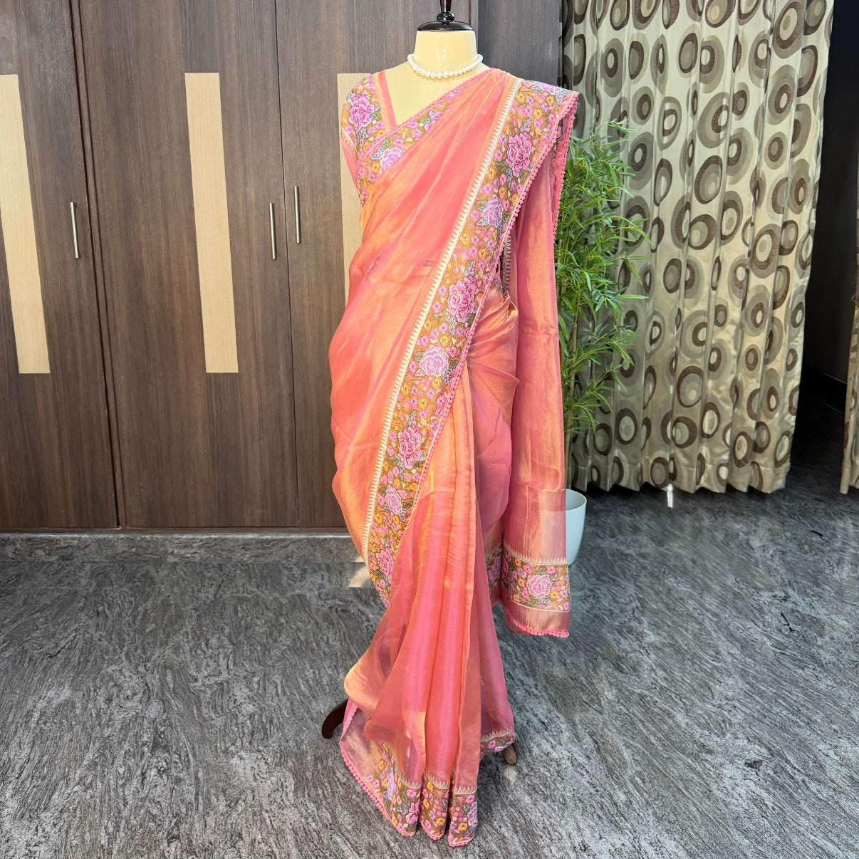 Pink Pure Tissue Petit Embroidery Saree